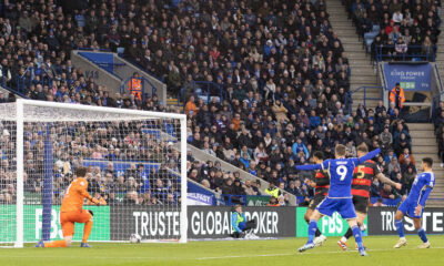 Jamie Vardy (centre), from Leicester City celebrating their first goal at the King Power Stadium, Leicester picture by Emil-Sebastian Popescu