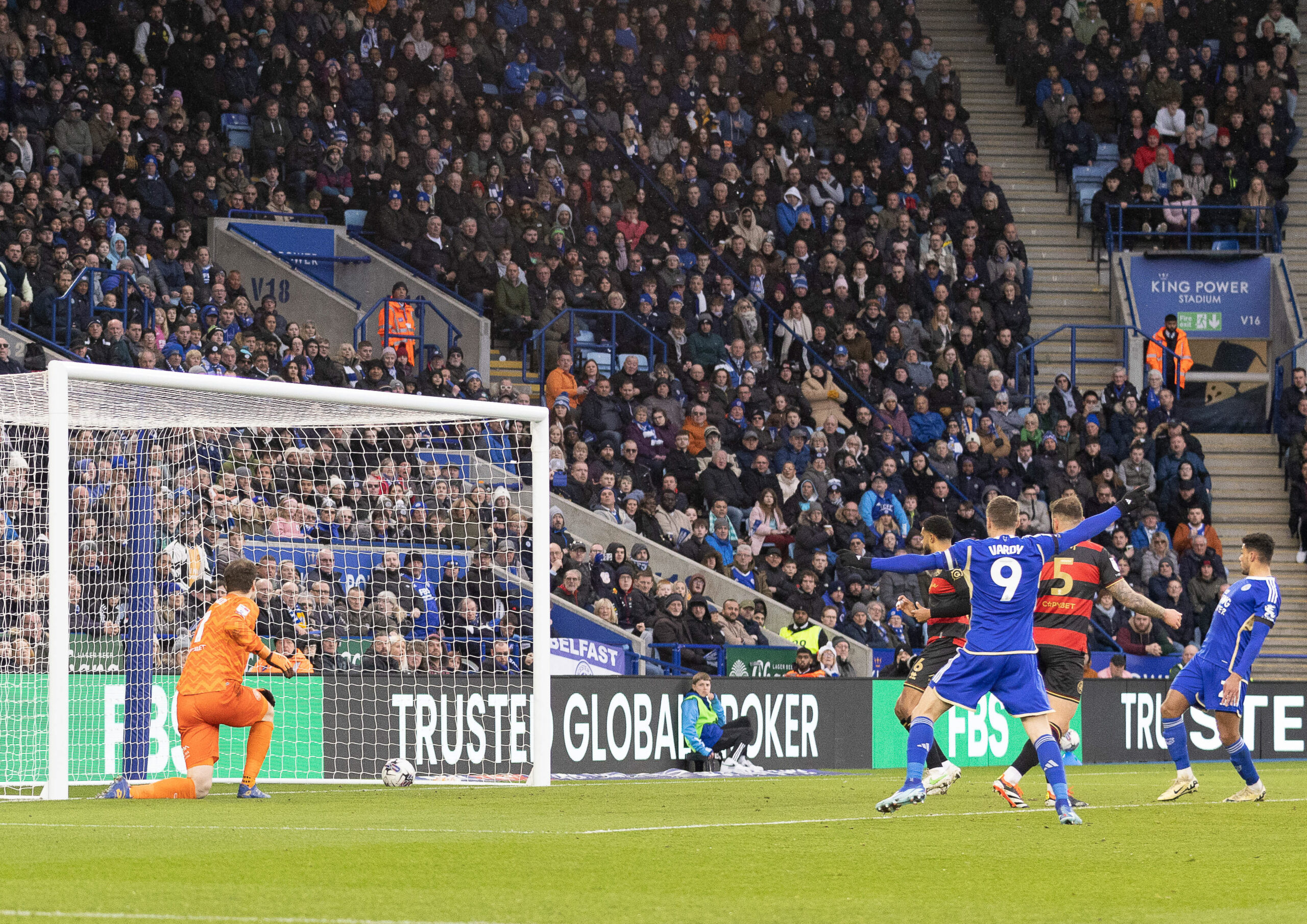 Jamie Vardy (centre), from Leicester City celebrating their first goal at the King Power Stadium, Leicester picture by Emil-Sebastian Popescu