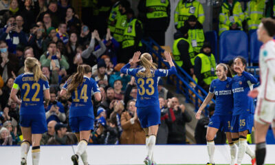Myra Ramirez, Guro Reiten, Erin Cuthbert,Fran Kirby and Agnes Berber Jones of Chelsea Women celebrates scoring their first goal at Stamford Bridge, London Picture by Emil Sebastian Popescu