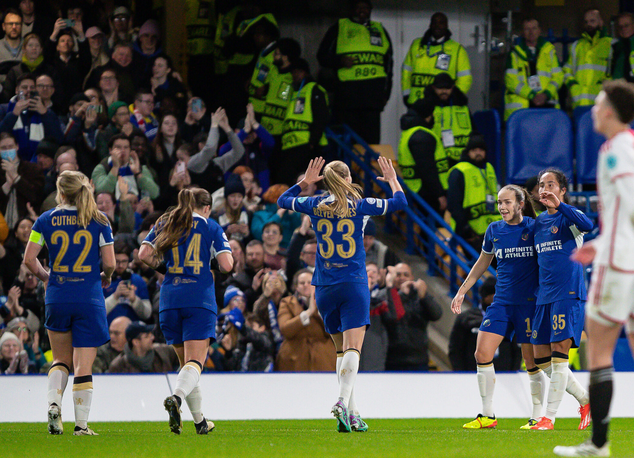 Myra Ramirez, Guro Reiten, Erin Cuthbert,Fran Kirby and Agnes Berber Jones of Chelsea Women celebrates scoring their first goal at Stamford Bridge, London Picture by Emil Sebastian Popescu