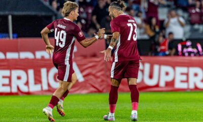 Lorenzo Biliboc si Karlo Muhar de la CFR CLuj, celebrand golul, FOTO/ Horvath Tamas/SportPulse