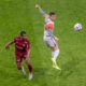 Ionut Cercel (dreapta) in duel cu Mohammed Kamara (stanga) in meciul CFR Cluj vs FCSB din Superliga Play-Off, Stadionul Dr. Constantin Radulescu, Cluj, Romania, FOTO/Emil Sebastian Popescu/SportPulse