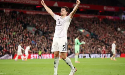 Harry Maguire de la Man United, celebrand golul marcat in meciul dintre Liverpool vs Man United, FOTO: IMAGO