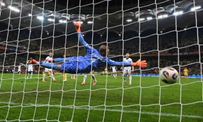 Virgil Ghita marcheaza un gol in poarta lui Alexander Schlager de langa Philipp Lienhart, Andrei Burca, Stefan Posch si Nicolas Seiwald la meciul de fotbal dintre Romania si Austria, din cadrul Preliminariilor Campionatului Mondial 2026, desfasurat pe Arena Nationala din Bucuresti, duminica 12 octombrie 2025. © FOTO:Razvan Pasarica/SPORT PICTURES