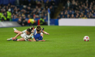 Niamh Charles of Chelsea Women and Claudia Zornoza Sanchez of Real Madrid Women battle for the ball during the UEFA Womens Champions Group D League match at Stamford Bridge, London Picture by Emil Sebastian Popescu/espPhoto