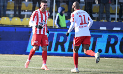 Marius Catalin Coman se bucură dupa un gol marcat alături de Hakim Djamel Abdallah in meciul dintre Unirea Slobozia si UTA Arad, contand pentru Superliga Superbet, desfasurat pe Stadionul 1 Mai din Slobozia, sambata 17 ianuarie 2026. © FOTO:Razvan Pasarica/SPORT PICTURES