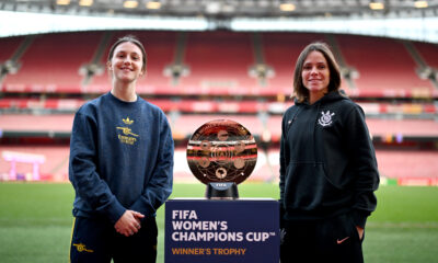 LONDON, ENGLAND - JANUARY 30: Lotte Wubben-Moy of Arsenals and Erika Cristiano dos Santos of Corinthians FC pose for a photo with the trophy prior to the FIFA Women's Champions Cup 2026 Final at Emirates Stadium on January 30, 2026 in London, England. (Photo by Harriet Lander - FIFA/FIFA via Getty Images)