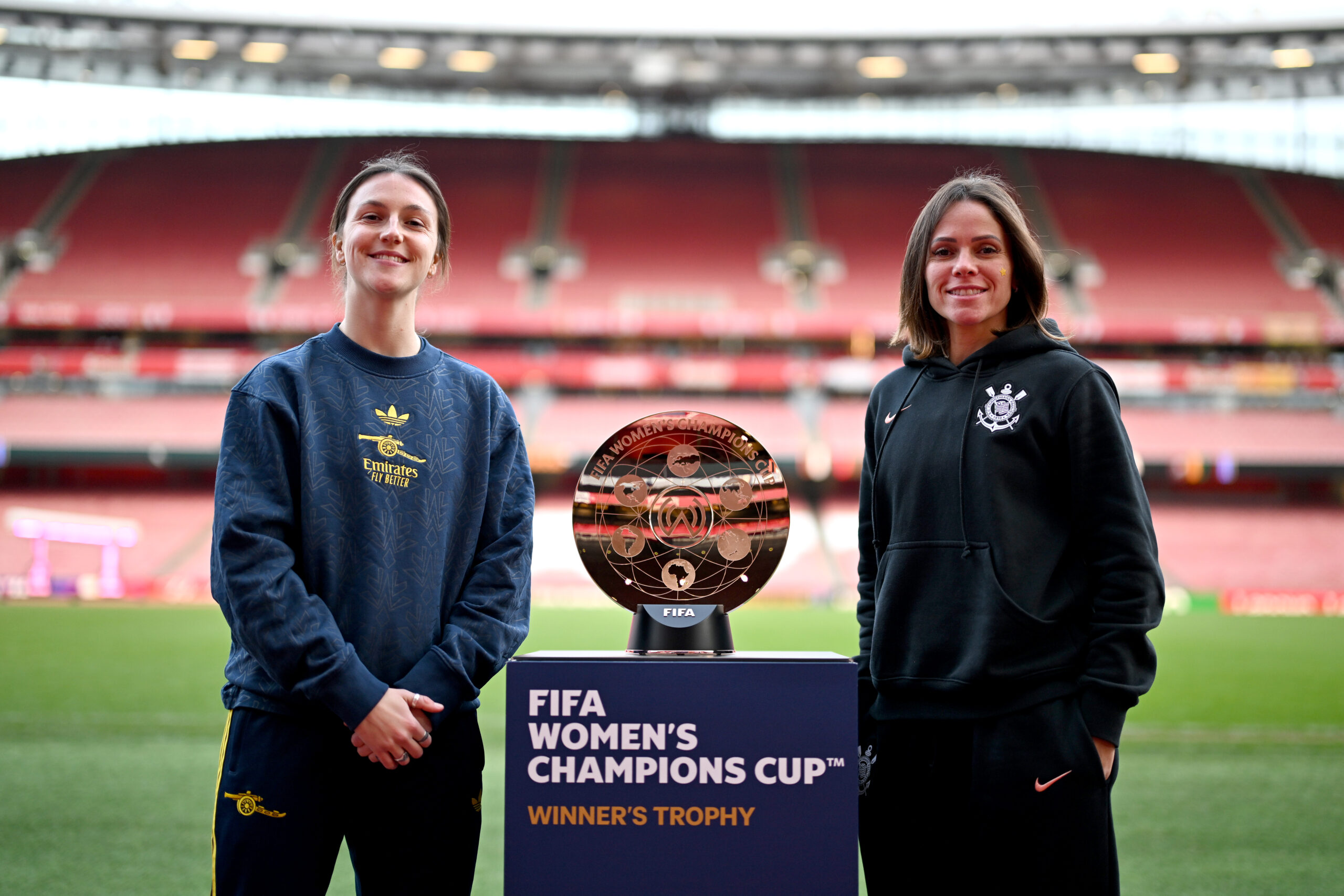 LONDON, ENGLAND - JANUARY 30: Lotte Wubben-Moy of Arsenals and Erika Cristiano dos Santos of Corinthians FC pose for a photo with the trophy prior to the FIFA Women's Champions Cup 2026 Final at Emirates Stadium on January 30, 2026 in London, England. (Photo by Harriet Lander - FIFA/FIFA via Getty Images)