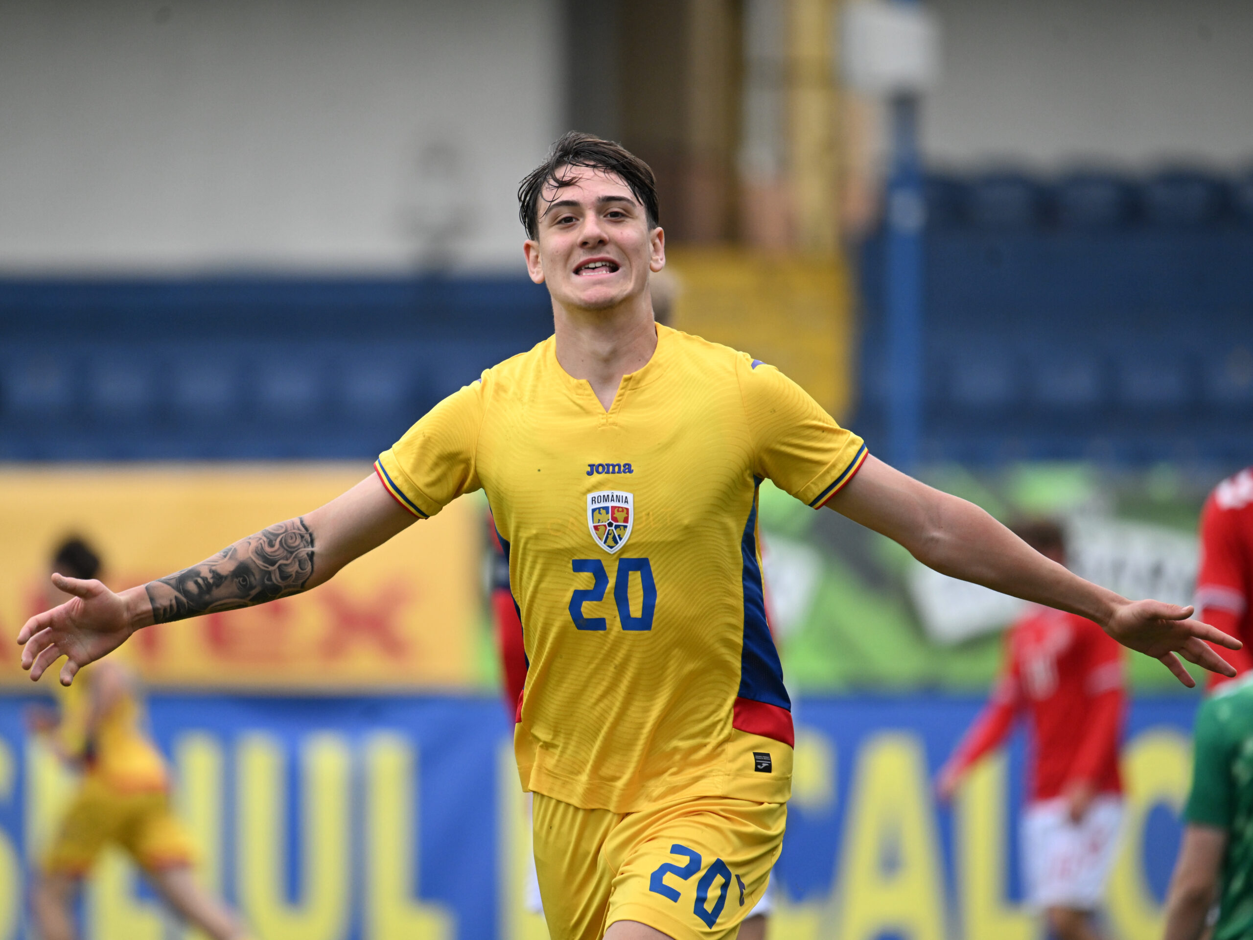 Fernando Pellegrini se bucura dupa un gol marcat in meciul de fotbal dintre Romania U18 si Danemarca U18, contand pentru Preliminariile Campionatului European U18 din 2027, desfasurat pe Clinceni Arena din Clinceni, marti 31 martie 2026. © FOTO:Razvan Pasarica/SPORT PICTURES