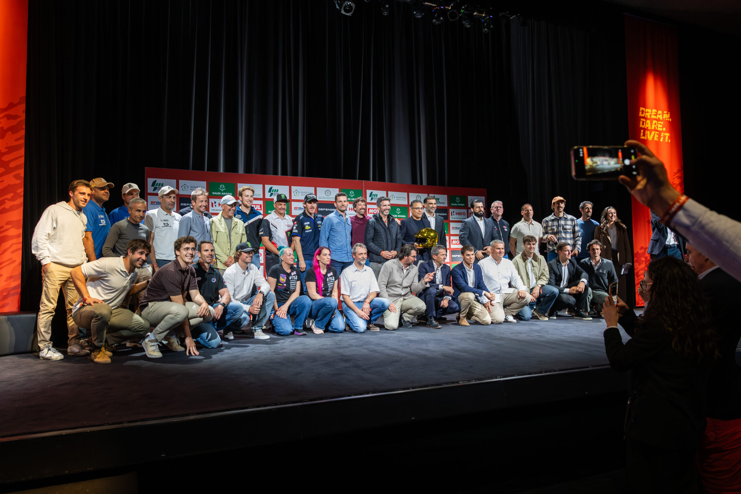 Sébastien PIQUET, Hannah WALKER, Yann LE MOËNNER, HRH Prince Khalid bin Sultan Al-Abdullah Al-Faisal, Mansour ALMOKBEL, David CASTERA, Benjamin MELOT, Adrien VAN BEVEREN, Pau NAVARRO, Mitchel VAN DEN BRINK Guillaume DE MEVIUS, Mathieu BAUMEL, Xavier DE SOULTRAIT, Fabian LURQUIN, Edouard BOULANGER, Stéphane PETERHANSEL, Ross BRANCH, Martin MACIK, David SERIEYS, Christophe MARQUES, Barbora HOLICKA, Lucie ENGOVA, Adrien LE PAN DE LIGNY, Urban REPA, Family portrait during the official 2027 Dakar race presentation on May 05, 2026, at Paris, France - Photo Arthur Reynier / DPPI