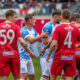 Alin Techeres (59), Denis Harut (4) de la Sepsi OSK si Antonio Manolache (30) si Florin Ilie (18) de la Corvinul Hunedoara in duel intimpul partidei din playoff-ul ligii secunde dintre Sepsi Sf Gheorghe si Corvinul Hunedoara, FOTO/ Alexandru Florea/ SportPulse