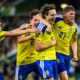 Lucas Bergvall, Elliot Stroud, Mattias Svanberg si Alexander Bernhardsson, celebrand golul patru in partida impotriva Tunisiei de la Cupa Mondiala, FOTO/ J. Marklund/ AP