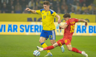 Gyokeres Victor in duel pentru minge cu Razvan Marin in partida Suedia vs Romania din UEFA Nations League, disputata pe Strawberry Arena, Solna, Suedia © FOTO:Emil Sebastian Popescu/ESPphoto