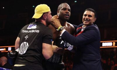 Daniel Dubois celebrates with his team after victory over Fabio Wardley, Credit: Getty