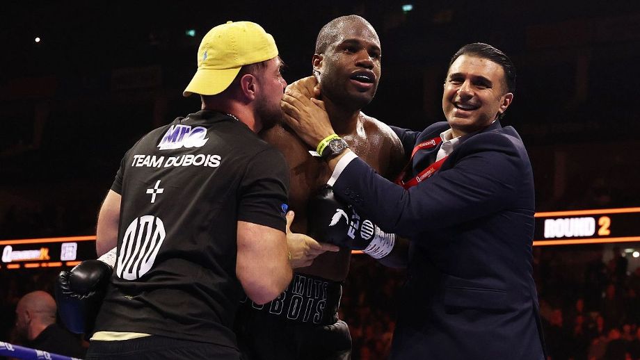 Daniel Dubois celebrates with his team after victory over Fabio Wardley, Credit: Getty