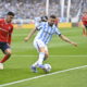 Adrian Martinez from Racing Club and Sebastian Valdez from Independiente during the Torneo Clausura 2026 Matchweek 13 fixture between Racing Club and Independiente at Estadio Presidente Perón in Avellaneda, Buenos Aires Province, Argentina, on 18 October 2026. PHOTO / Julio Martin Mancini / SportPulse