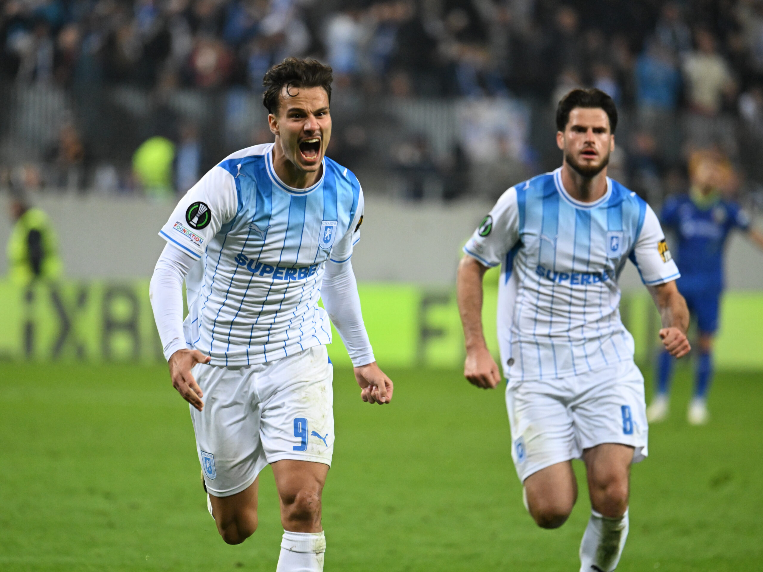 Assad Al Islam Al Hamlawi se bucură dupa un gol marcat in meciul dintre Universitatea Craiova si Getafe CF, contand pentru Conference League, desfasurat pe Stadionul Ion Oblemenco din Craiova, joi 15 octombrie 2026. © FOTO:Razvan Pasarica/SPORT PICTURES